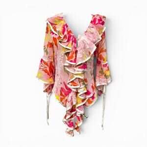 Y2k Euro Sheer Ruffle Blouse Multicolor Button Closure - Small